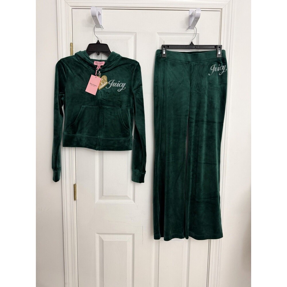 NWT JUICY COUTURE Size L Velour  Bling Tracksuit Hoodie Pants Set Evergreen